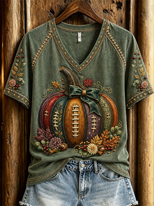 Women's Football Inspired Fall Forest Pumpkin Floral Print short-sleeved T-shirt