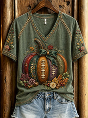 Women's Football Inspired Fall Forest Pumpkin Floral Print short-sleeved T-shirt