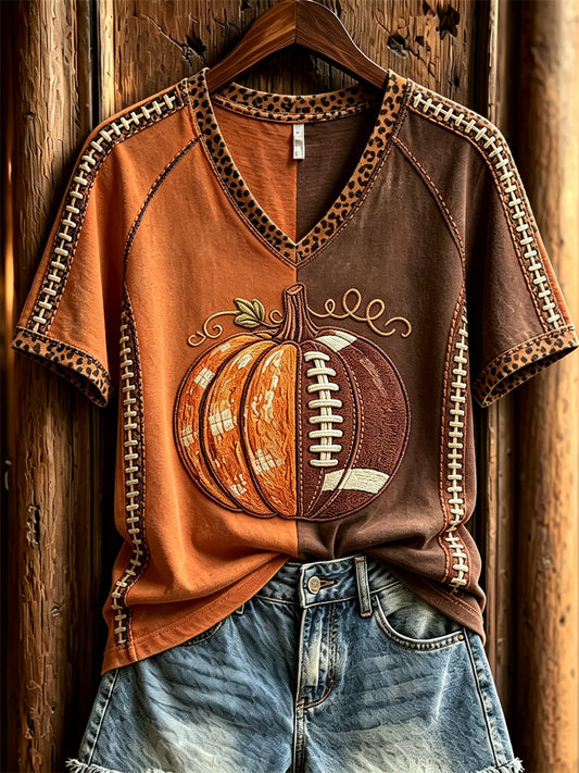 Women's Football Inspired Fall Pumpkin Leopard Contrast Print short-sleeved T-shirt