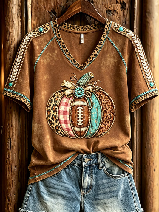 Women's Vintage Football Western Pumpkin Leopard Print short-sleeved T-shirt