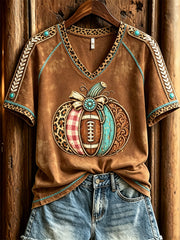 Women's Vintage Football Western Pumpkin Leopard Print short-sleeved T-shirt