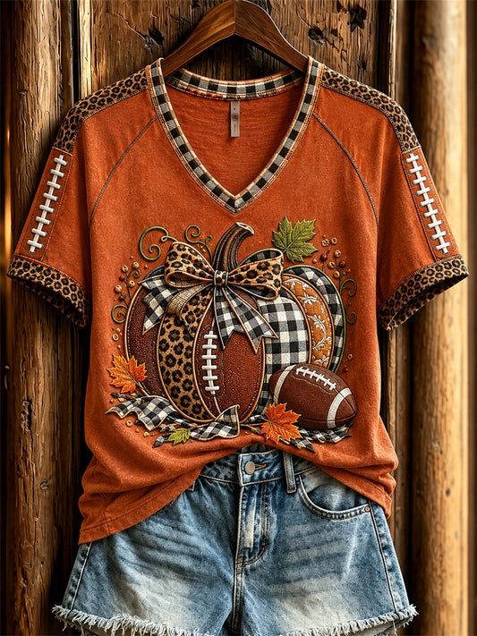 Women's Football Inspired Fall Pumpkin Leopard Print short-sleeved T-shirt