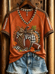 Women's Football Inspired Fall Pumpkin Leopard Print short-sleeved T-shirt