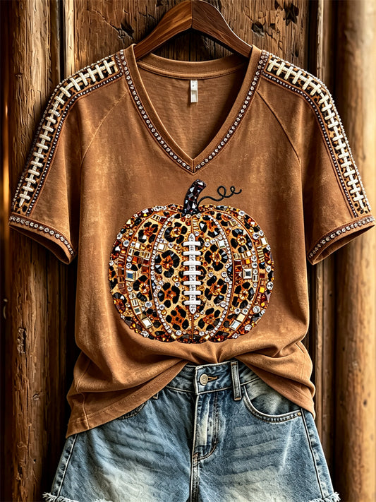 Women's Football Inspired Fall Pumpkin Leopard Print short-sleeved T-shirt