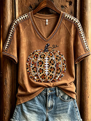 Women's Football Inspired Fall Pumpkin Leopard Print short-sleeved T-shirt