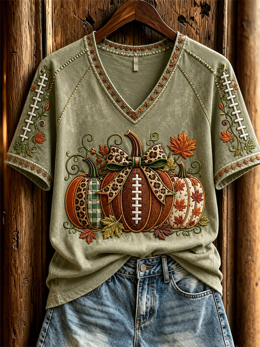 Women's Football Inspired Fall Pumpkin & Leaves Print short-sleeved T-shirt