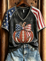 Women's Football Inspired Fall Pumpkin American Flag Print short-sleeved T-shirt
