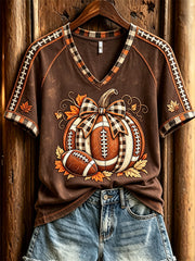 Women's Football Inspired Fall Pumpkin Plaid Print short-sleeved T-shirt