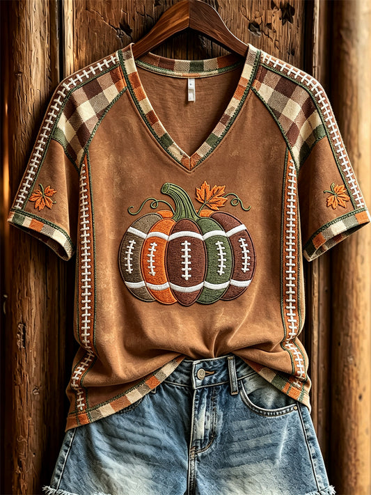 Women's Football Inspired Fall Pumpkin Plaid Print short-sleeved T-shirt