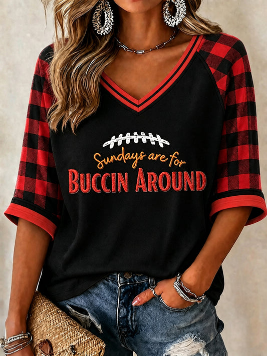 Women's Football Fan Print Mid-length Sleeves V-Neck T-Shirt