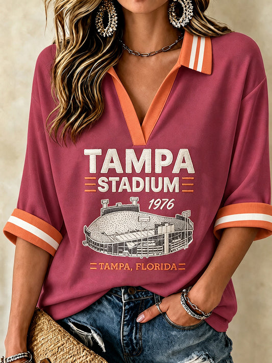 Women's Football Fan Print Mid-length Sleeves V-Neck T-Shirt