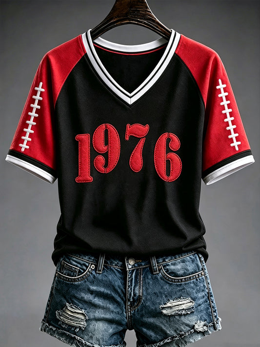 Women's Football Fan Print V-neck T-shirt