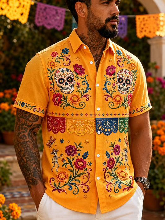 Men's Mexico Day of The Dead Art Print Casual Shirt