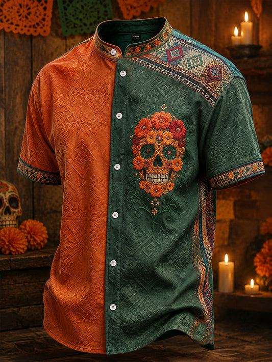 Men's Mexico Day of The Dead Floral Art Printed Linen Shirt