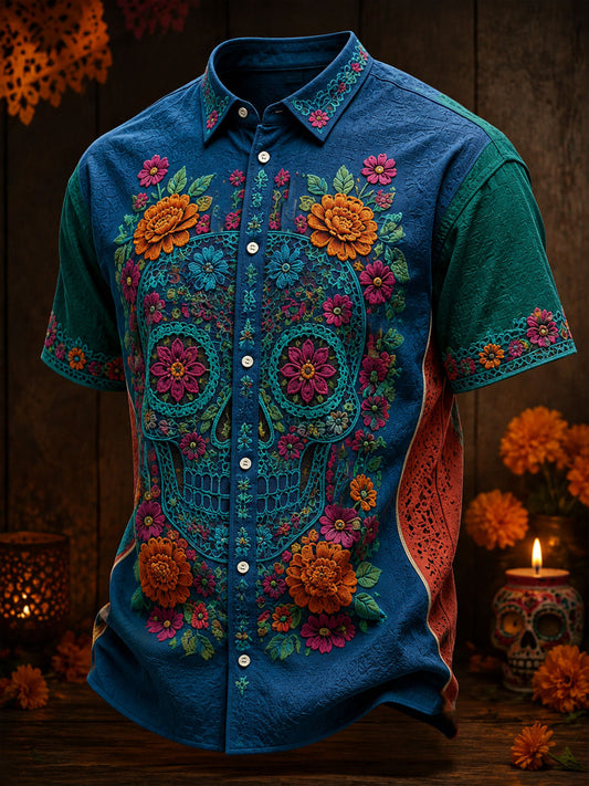 Men's Mexico Day of The Dead Floral Art Printed Linen Shirt