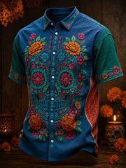Men's Mexico Day of The Dead Floral Art Printed Linen Shirt