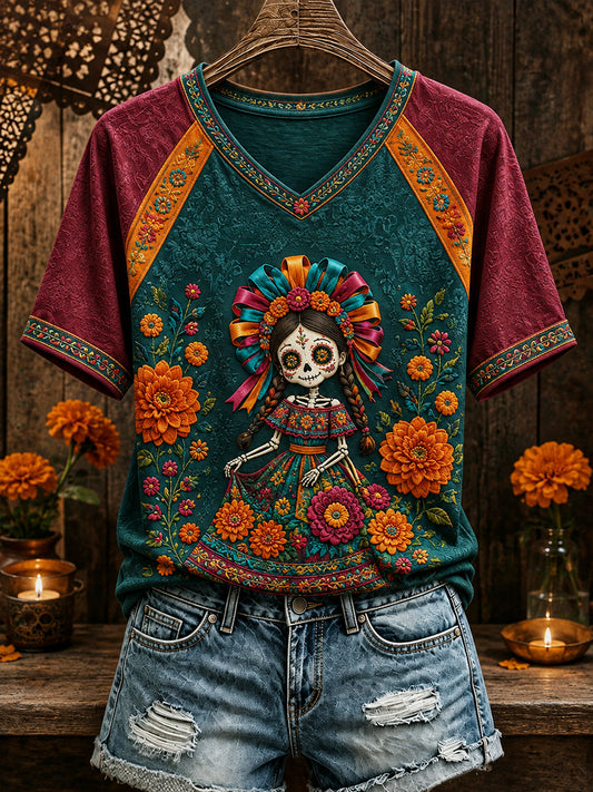 Women’s Mexico Day of The Dead Floral Art Printed T-shirt