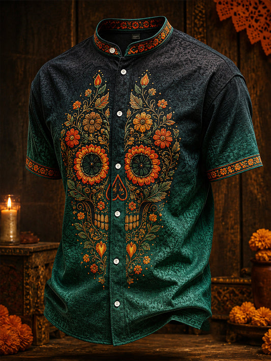 Men's Mexico Day of The Dead Floral Art Printed Linen Shirt