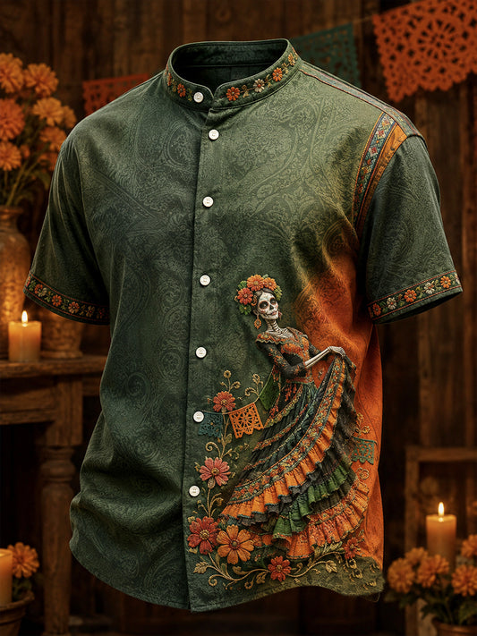 Men's Mexico Day of The Dead Floral Art Printed Linen Shirt