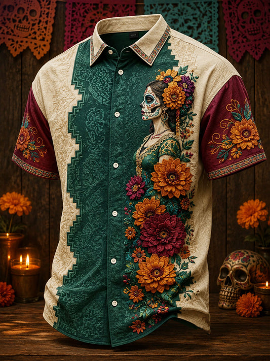 Men's Mexico Day of The Dead Floral Art Printed Linen Shirt