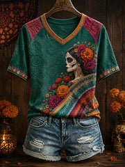 Women’s Mexico Day of The Dead Floral Art Printed T-shirt