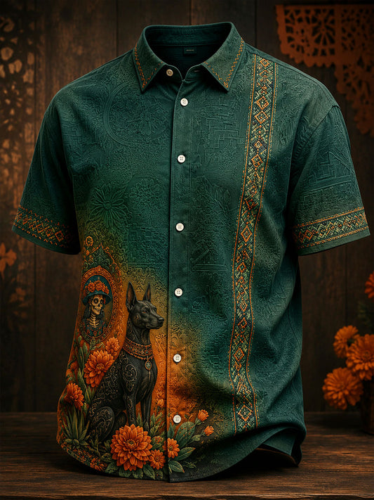 Men's Mexico Day of The Dead Floral Art Printed Linen Shirt