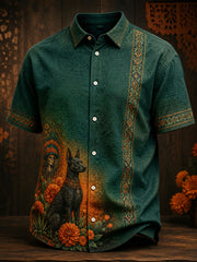 Men's Mexico Day of The Dead Floral Art Printed Linen Shirt
