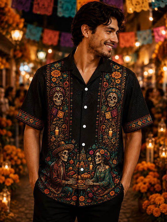 Men's Mexico Day of The Dead Art Print Casual Shirt
