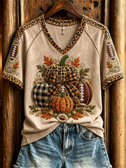 Women's Vintage Football Inspired Fall Pumpkin Print short-sleeved T-shirt