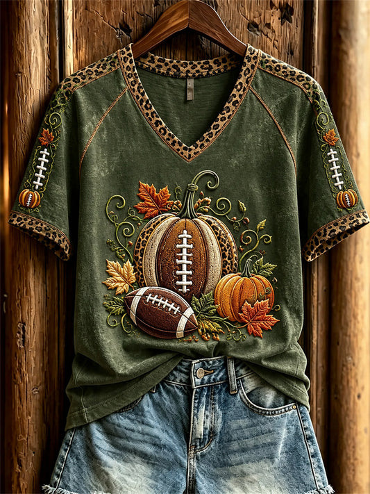 Women's Vintage Football Inspired Fall Pumpkin Print short-sleeved T-shirt