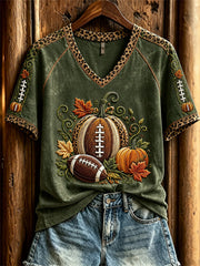 Women's Vintage Football Inspired Fall Pumpkin Print short-sleeved T-shirt