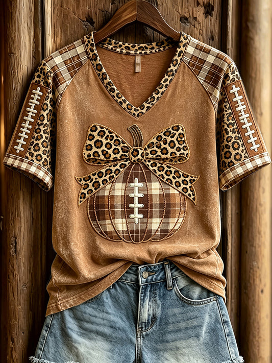 Women's Fall Football Pumpkin Leopard Print V-neck Short-sleeved T-shirt