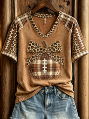 Women's Fall Football Pumpkin Leopard Print V-neck Short-sleeved T-shirt