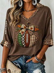 Women's Fall Football Pumpkin Print Mid-length Sleeves V-Neck T-Shirt