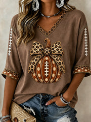 Women's Football Pumpkin Leopard Bow Print Mid-length Sleeves V-Neck T-Shirt