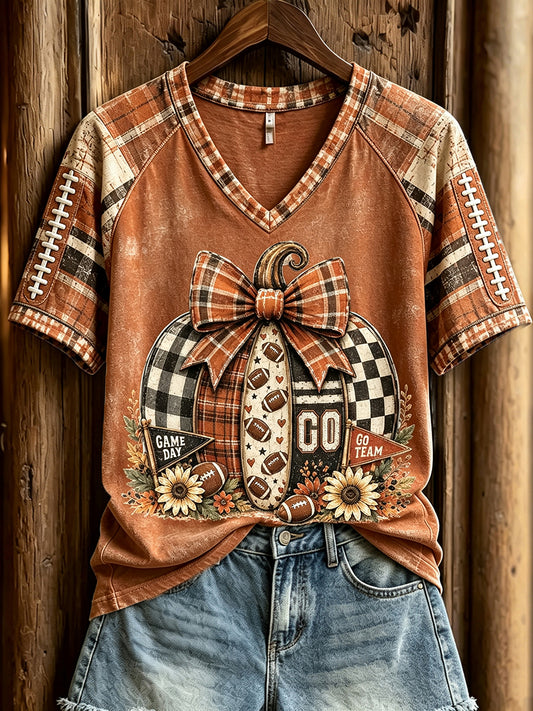 Women's Fall Football Pumpkin Patchwork Print V-neck Short-sleeved T-shirt