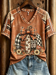 Women's Fall Football Pumpkin Patchwork Print V-neck Short-sleeved T-shirt