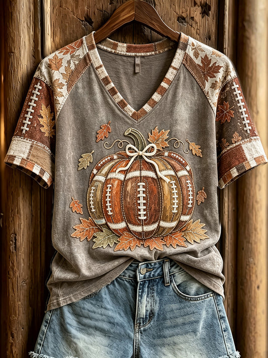 Women's Fall Football Pumpkin Patchwork Print V-neck Short-sleeved T-shirt