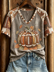 Women's Fall Football Pumpkin Patchwork Print V-neck Short-sleeved T-shirt