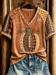 Women's Fall Football Pumpkin Patchwork Print V-neck Short-sleeved T-shirt