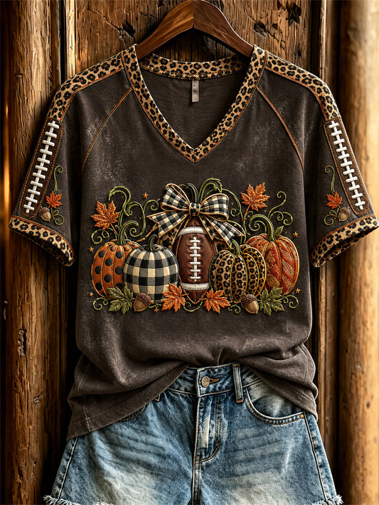 Women's Vintage Football Inspired Fall Pumpkin Print short-sleeved T-shirt