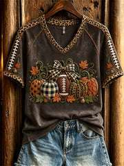 Women's Vintage Football Inspired Fall Pumpkin Print short-sleeved T-shirt