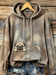 Women's Vintage Peeking Pug Dog & Bone Print Cozy Zip-Up Hoodie