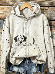 Women's Cute Dalmatian with Paw Print Cozy Zip-Up Hoodie