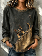 Women's Cute Peeking German Shepherd & Paw Print Casual Button Sweatshirt