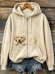 Women's Cute Peeking Golden Retriever & Paws Print Cozy Zip-Up Hoodie