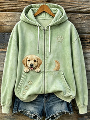 Women's Cute Peeking Golden Retriever & Paws Print Cozy Zip-Up Hoodie