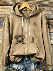 Women's Chocolate Labrador & Paw Print Cozy Zip-Up Hoodie