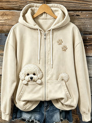 Women's Vintage Peeking Bichon Frise & Paw Print Cozy Zip-Up Hoodie