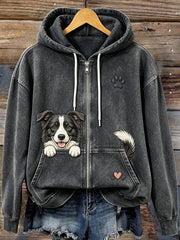 Women's Vintage Peeking Border Collie & Paw Print Cozy Zip-Up Hoodie
